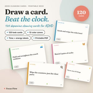 May include: A printable deck of 120 ADHD cleaning cards featuring task instructions, time labels, and color-coded zones. The cards include text such as Swish and swipe the toilet bowl, Match 5 pairs of socks, Fluff and straighten the couch cushions, and Wipe the counters, just the clear parts.