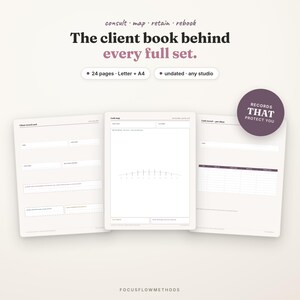 May include: A 24-page client record book for lash studios featuring Letter and A4 formats. The pages include fields for client information, lash mapping diagrams, and service records. Text includes "The client book behind every full set."