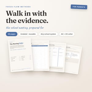 Puede incluir: Un planificador digital titulado Focus Flow Methods para padres, con 46 páginas para reuniones escolares. El documento incluye secciones para notas, tareas y correos electrónicos, disponible en tamaños A4 y US Letter, sin fecha y reutilizable.
