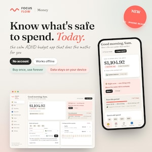 以下が含まれることがあります： スマートフォンとデスクトップ画面に表示された予算管理アプリ「Focus Flow Money」のデジタルインターフェース。黒いテキストを使用した明るくクリーンなレイアウトで、財務データ、支出トラッカー、予算の概要が表示されています。