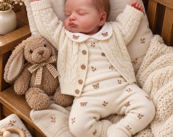 Puede incluir: Una muñeca de bebé durmiendo que viste un cárdigan de punto trenzado color crema sobre un mameluco de manga larga a juego con un patrón de osos marrones y hojas. La muñeca tiene un cuello redondo con bordado de osos y un conejo de peluche.