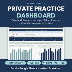 Private Practice Dashboard Spreadsheet, Therapist Caseload & Session Tracker, Counselor Income Tracker, Google Sheets Excel Template