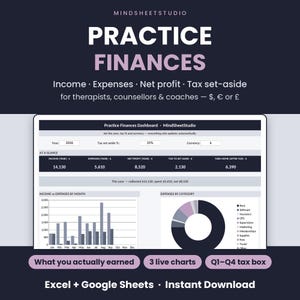 May include: A digital Practice Finances dashboard for therapists, counsellors and coaches by MindSheetStudio. The interface displays income, expenses, net profit and tax set-aside data with bar charts and a pie chart for financial tracking.