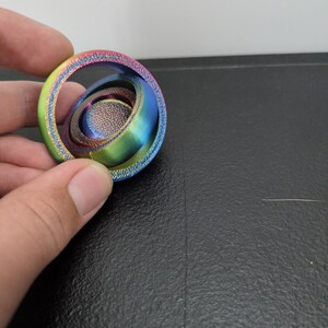 Peut inclure: Un jouet anti-stress iridescent multicolore compos&eacute; d'une s&eacute;rie d'anneaux concentriques imbriqu&eacute;s avec une finition m&eacute;tallique textur&eacute;e, passant par des nuances de vert, bleu, violet et rose dans une disposition circulaire et sph&eacute;rique.