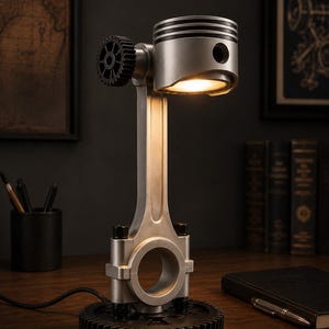 May include: A table lamp constructed from a silver-toned metal engine piston and connecting rod assembly. The base is a black circular gear, and a small black gear is attached to the side. The piston head houses a warm light source.