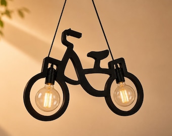 Industrial Bicycle Pendant Light, Black Metal, Dual Edison Bulb Ceiling Lamp