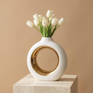 Modern Sculptural Ceramic Vase, White Gold Accent, Luxury Table Decor