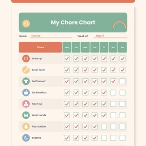 May include: A toddler chore chart with a cream background, featuring a green header labeled My Chore Chart, a list of daily tasks with icons, checkmark boxes for each day of the week, and a bottom section for rewards labeled My Reward: Movie Night!