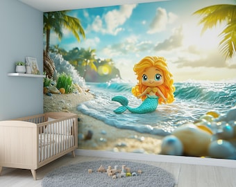 Little Mermaid Ocean Wall Mural, Peel and Stick Wallpaper for Girls Nursery, Removable Underwater Theme Kids Room Decor,Self Adhesive Canvas