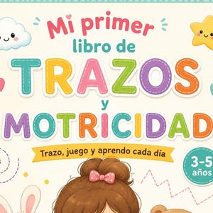 Puede incluir: Un libro de actividades infantil titulado Mi primer libro de TRAZOS y MOTRICIDAD con una ilustración de dibujos animados de un niño escribiendo en un cuaderno entre un conejo blanco y un oso pardo, con lápices y formas.