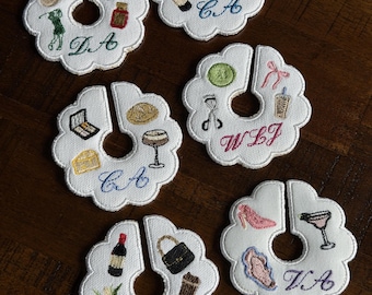 Embroidered Wine Stem Tags | Custom Initials, Mini Icons | Friend Groups and Bachelorette Parties