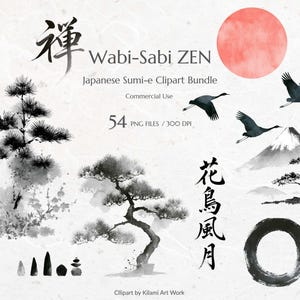 以下が含まれることがあります： 竹、松、鶴、山、円形の筆跡の黒い墨絵イラストと、赤い太陽、そして「Wabi-Sabi ZEN」などのテキストを含む、54個の日本の墨絵スタイルのクリップアートファイルのデジタルコレクション。