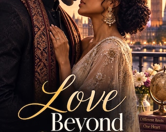 Könnte beinhalten: Ein Paar in formeller Kleidung steht zusammen, wobei der Text Love Beyond Culture deutlich zu sehen ist. Die Person links trägt eine dunkle gemusterte Jacke und einen Schal, während die Person rechts ein transparentes besticktes Kleidungsstück und goldene Ohrringe trägt.