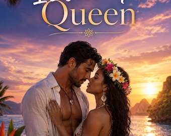 Könnte beinhalten: Ein Buchtitel His Island Queen zeigt ein Paar, das sich bei Sonnenuntergang am Strand umarmt. Der Mann trägt ein aufgeknöpftes weißes Hemd und eine Halskette. Die Frau trägt einen Blumenkranz und ein helles Kleid. Tropische Blumen sind zu sehen.