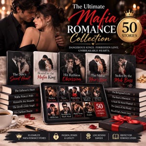Puede incluir: Una colección digital titulada The Ultimate Mafia Romance Collection con 50 historias. La pantalla muestra portadas de libros con temas románticos, incluyendo títulos como The Don's Secret Heart, Bound to the Mafia King y His Ruthless Obsession.