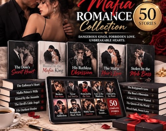 Könnte beinhalten: Eine digitale Sammlung mit dem Titel The Ultimate Mafia Romance Collection mit 50 Geschichten. Das Display zeigt Buchcover mit romantischen Themen, darunter Titel wie The Don's Secret Heart, Bound to the Mafia King und His Ruthless Obsession.