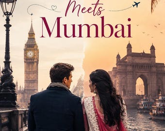 Könnte beinhalten: Ein Plakat mit dem Titel London Meets Mumbai zeigt eine geteilte Szene mit Big Ben in London und dem Gateway of India in Mumbai. Eine Person im dunklen Mantel sitzt neben einer Person in weiß-rosa Kleidung. Eine rote Telefonzelle ist zu sehen.
