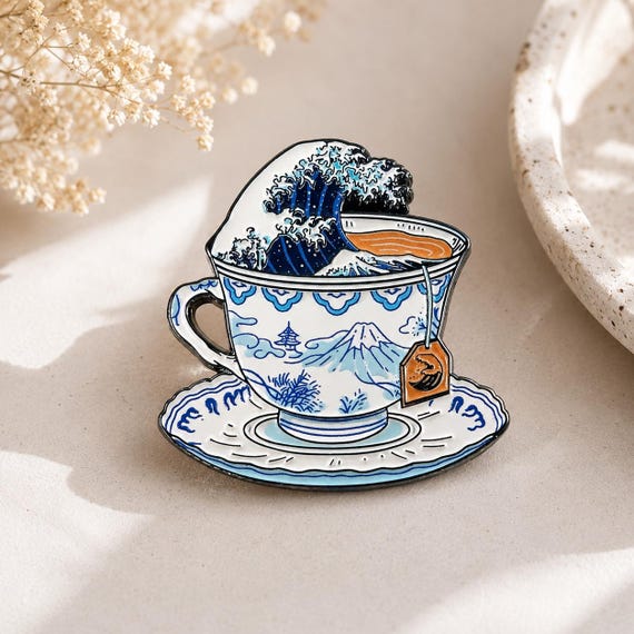 Great Wave Tea Cup Enamel Pin Badge Japanese Art Lapel Pin Gift for Tea Lover