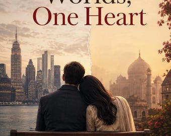 Könnte beinhalten: Ein Plakat mit dem Titel Two Worlds, One Heart zeigt ein Paar auf einer Holzbank. Die linke Seite zeigt die Skyline von New York in der Abenddämmerung, während die rechte Seite das Taj Mahal bei Sonnenuntergang zeigt, getrennt durch einen Riss.