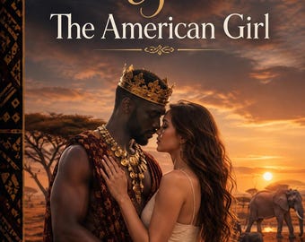 Könnte beinhalten: Ein Buchcover mit dem Titel The African King & The American Girl zeigt einen Mann mit goldener Krone und verziertem Goldschmuck in einem gemusterten kastanienbraunen Gewand sowie eine Frau in einem hellen Kleid vor einer Savannenlandschaft bei Sonnenuntergang.