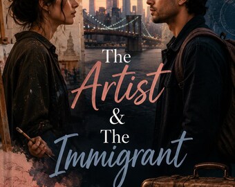 Könnte beinhalten: Ein Filmplakat mit dem Titel The Artist & The Immigrant zeigt eine Frau mit einem Pinsel und einen Mann mit Rucksack, die sich gegenüberstehen. Der Hintergrund zeigt die Skyline von New York, eine Brücke und einen alten Koffer mit Anhänger.