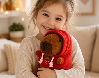 Simpatico peluche di capibara con cappuccio a forma di fragola, morbido animale di peluche, regalo kawaii per bambini