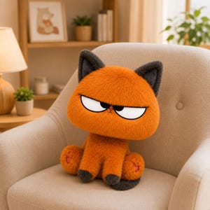 May include: A plush toy shaped like a cat with bright orange fur, dark gray ears, and dark gray paws. The cat has a large head, a small body, and wide, white, almond-shaped eyes with black pupils that give it a stern, focused expression.