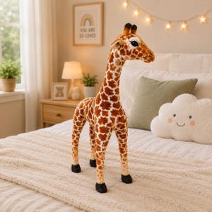 Könnte beinhalten: Ein Giraffen-Plüschtier mit langem Hals, braun-weißem Fleckenmuster und schwarzen Hufen. Das Stofftier hat große, dunkle Augen, kleine Hornzapfen auf dem Kopf und eine weiche, strukturierte Oberfläche und steht aufrecht auf vier Beinen.