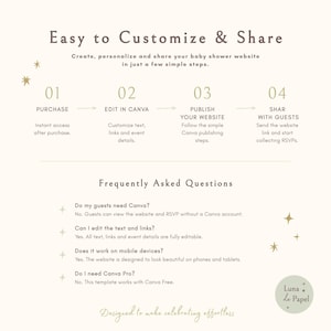 Peut inclure: Un graphique informatif intitul&eacute; Easy to Customize & Share, d&eacute;crivant quatre &eacute;tapes pour cr&eacute;er un site web de baby shower : Purchase, Edit in Canva, Publish Your Website et Share with Guests. Il inclut une section Foire aux questions.