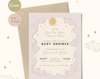 Modèle d'invitation pour baby shower, lune céleste et étoiles, invitation sur toile rose