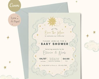 Modèle d'invitation de baby shower, motif Over the Moon, toile d'invitation modifiable