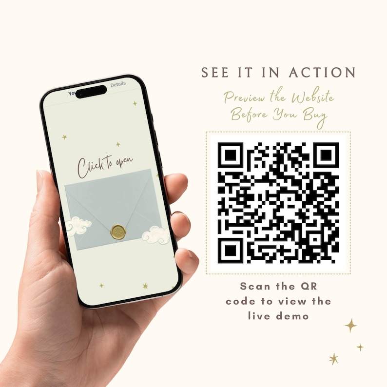 Peut inclure: Un smartphone affichant une invitation num&eacute;rique avec une enveloppe bleu clair et un sceau de cire dor&eacute; sur un fond cr&egrave;me avec des &eacute;toiles. &Agrave; c&ocirc;t&eacute; du t&eacute;l&eacute;phone se trouve un QR code noir et blanc avec le texte SEE IT IN ACTION, Preview the Website Before You Buy, et Scan the QR code to view the live demo.