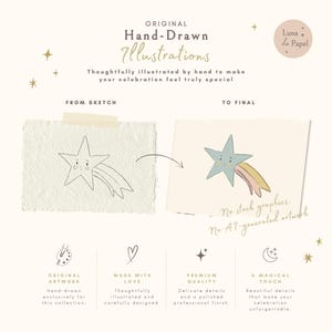 Peut inclure: Un affichage graphique intitul&eacute; Original Hand-Drawn Illustrations montrant un croquis d'&eacute;toile et une version finale color&eacute;e. Le texte inclut Luna de Papel, No stock graphics, No AI-generated artwork, Original Artwork, Made with Love, Premium Quality et A Magical Touch.