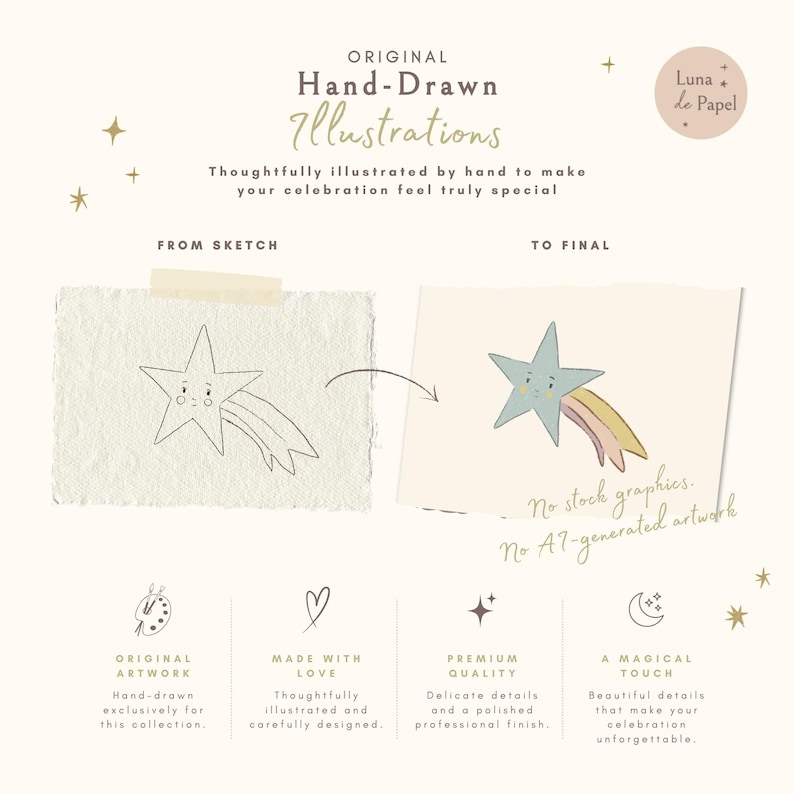 Peut inclure: Un affichage graphique intitul&eacute; Original Hand-Drawn Illustrations montrant un croquis d'&eacute;toile et une version finale color&eacute;e. Le texte inclut Luna de Papel, No stock graphics, No AI-generated artwork, Original Artwork, Made with Love, Premium Quality et A Magical Touch.