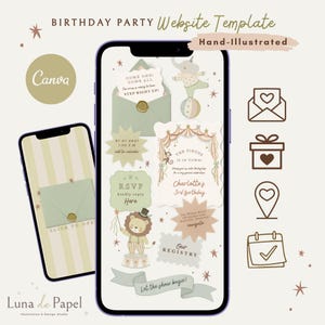 Peut inclure: Un modèle de site web pour fête d'anniversaire sur Canva avec des illustrations de cirque faites à la main. Le design comprend un lion, un éléphant et des éléments textuels tels que "The Circus is in Town!", "Charlotte's 3rd Birthday" et "RSVP".