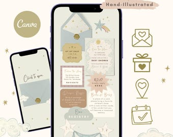 Modèle de site Web de baby shower, conception sur la lune, site en toile illustré à la main
