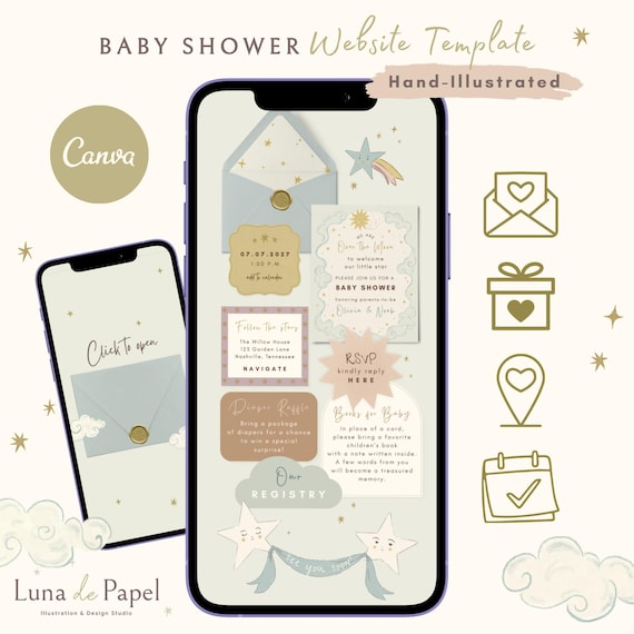 Baby Shower Website Template, Over the Moon Design, Hand-Illustrated Canva Site