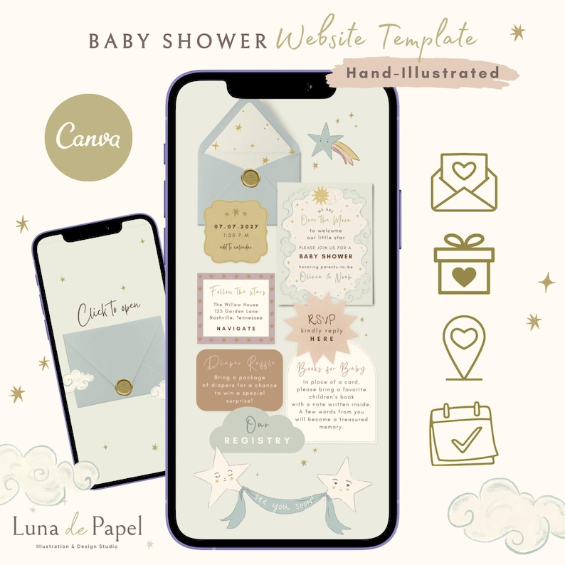 Over the moon baby shower invitation website with hand-illustrated stars