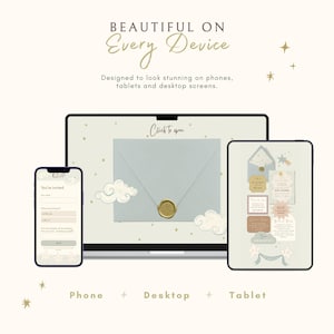Interactive baby shower website template featuring a clickable envelope opening animation in a celestial moon and stars theme.