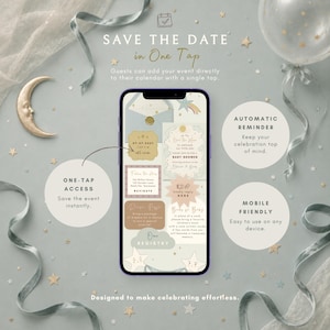 Peut inclure: Un smartphone affichant une invitation num&eacute;rique save the date avec des graphismes c&eacute;lestes. L'&eacute;cran pr&eacute;sente du texte incluant Save the Date in One Tap, One-tap access, Automatic reminder et Mobile friendly, entour&eacute; d'&eacute;toiles et de rubans.