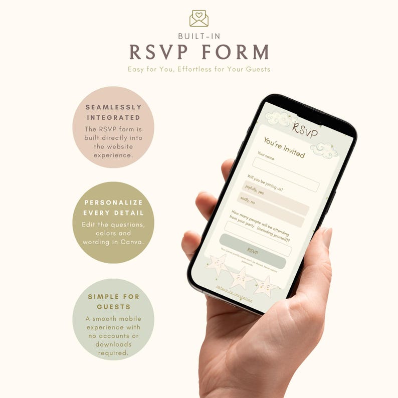 Built-in RSVP form for an editable baby shower website template, designed for easy guest responses on desktop and mobile.