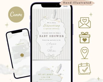 Modèle de site Web pour baby shower, motif cigogne, site en toile neutre illustré à la main