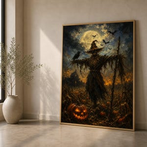 Eerie Scarecrow Night Scene Canvas, Halloween Pumpkin Patch Wall Art, Haunted Harvest Home Decoration, Full Moon Raven Artwork