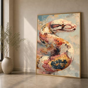 Kleurrijk canvas schilderij van een pythonslang, modern reptielenschilderij, decoratie met dieren uit de natuur, abstract canvas met wilde dieren, klaar om op te hangen.