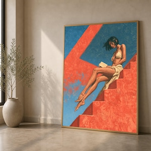 May include: A framed rectangular wall art print featuring a person with short dark hair sitting on bright orange stairs against a deep blue background. The person wears a light-colored bikini top and a matching wrap skirt while holding a book.