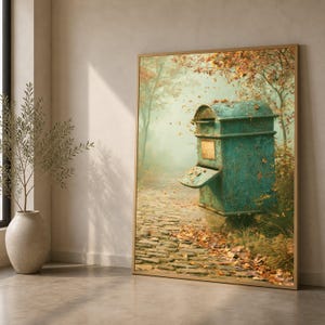 Tela rústica vintage azul com caixa de correio, arte de parede com caminho de folhas de outono, tela com cena da natureza ao ar livre, decoração aconchegante de outono, detalhe decorativo para parede.