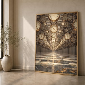 May include: A rectangular wall art print featuring a surreal perspective of numerous golden-rimmed analog clocks with Roman numerals suspended in a dark, infinite corridor above a reflective, marbled floor with gold and black patterns.