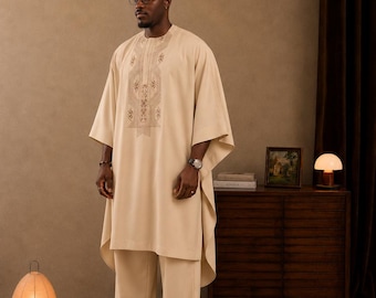 Men's Luxury Agbada Set | Cream Kaftan, Trousers, Embroidered Nigerian Boubou