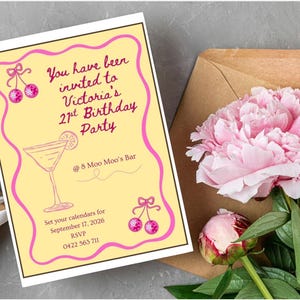 Anpassningsbar födelsedagsinbjudan | Rosa discokörsbärscocktailpartyinbjudan (digital nedladdning)