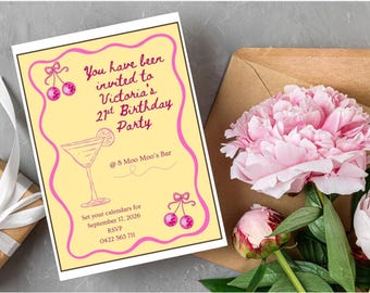 Personalisierbare Geburtstagseinladung | Pinke Disco-Kirsch-Cocktailparty-Einladung (Digitaler Download)